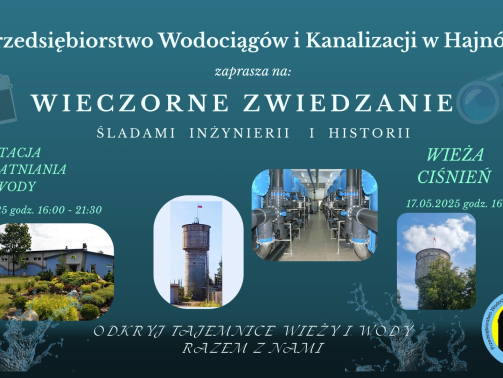 Na niebieskim tle zdjęcia obiektów Przedsiębiorstwa oraz informacje organizacyjne, zawarte w artykule