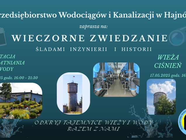 Na niebieskim tle zdjęcia obiektów Przedsiębiorstwa oraz informacje organizacyjne, zawarte w artykule