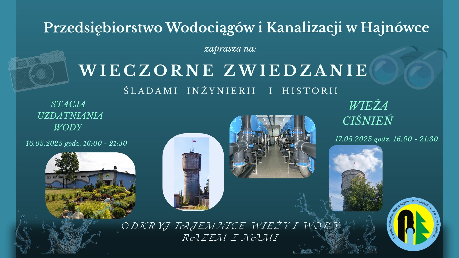 Na niebieskim tle zdjęcia obiektów Przedsiębiorstwa oraz informacje organizacyjne, zawarte w artykule